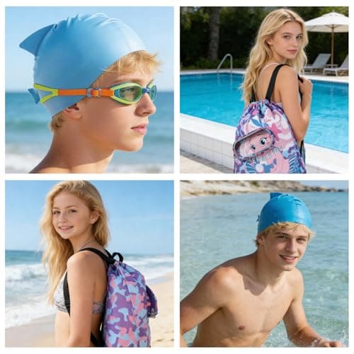 TOUKBEAU Mermaid Drawstring Bag with Swim Cap for Girls, Kids Storage Organizer for Toys & Travel, Multipurpose Beach Pool Bag with UPF50 Swimming Hat for Toddler Age 3-12 Years — view 5