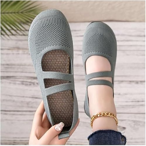Women's Casual Knitted Mary Jane Flats Shoes, Comfortable Breathable Mesh Walking Ballet Shoes, Lightweight Breathable Slip-On Walking Shoes for DailyWeddings Travel Casual (Green,4) — view 2