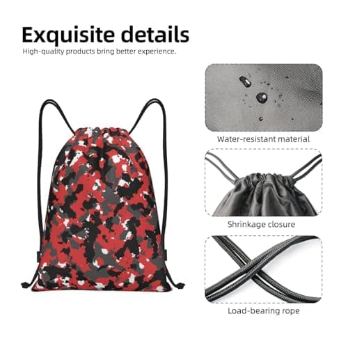 Richugui Red, black and grey camou flage pattern Camo Drawstring Bag Bloodshot Camouflage Red Urban Gym Bag Sports Backpack Lightweight Waterproof Bag for Men Women Outdoor Gym Sport — view 6
