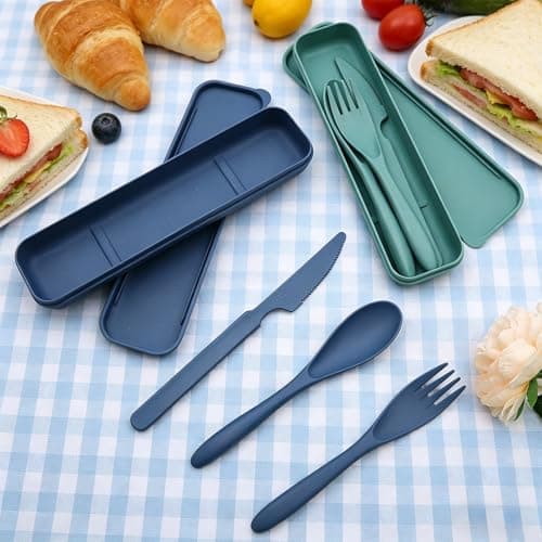 Alriedy 2 Sets Travel Cutlery Set Portable Camping Utensils Set, Eco-Friendly Wheat Straw Reusable Knife Fork Spoon with Case – Lightweight Durable Cutlery for Picnic, School, Office & Outdoor — view 3