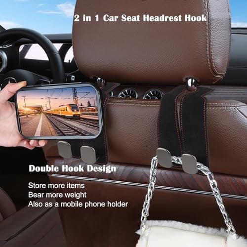 Car Hooks for Headrest 2 Pack, Car Seat Back Storage Hook, 2 in 1 Headrest Hooks for Purses and Bags, Leather Car Headrest Hanger with Metal Hooks, Double Headrest Hooks Mobile Phone Holder (Black) — view 3