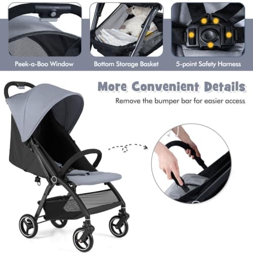 Maxmass Baby Stroller, Foldable Infant Pushchair with Adjustable Backrest & Canopy, 5-Point Harness, Storage Basket and Calf Support, Toddler Travel Buggy for 0-3 Years Old (Light Grey) — view 3