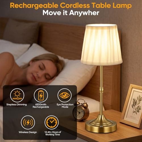 Rechargeable Table Lamp,6500mAh Cordless Touch Bedside Lamp,Battery Operated Night Light with Fabric Shade,Stepless Dimmable Portable Table Lamps for Living Room Dining Room Bedroom Bar Kitchen — view 3