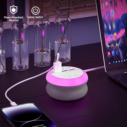6-Port USB Charger with 8-Color Night Light, Retractable USB Extension Lead, Multi-Device Charging Hub with Safety Switch, Compact Power Strip for Home Office Bedroom Travel — view 5