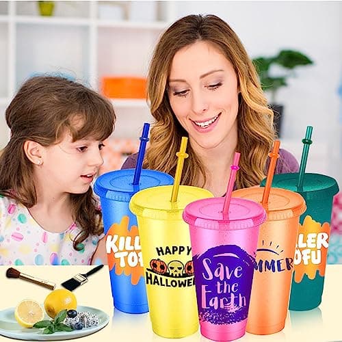 Pack of 5 Drinking Cups with Straw and Lid - 24 oz Plastic Cups Smoothie Coffee Mug To Go Travel Mug Cup for Children Adults Reusable Plastic Cups — view 6