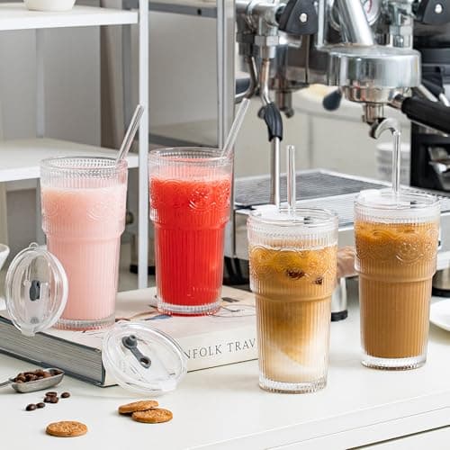 SoulTimes 600ml Ribbed & Floral Glass Tumbler Set of 2 – Reusable Glass Cups with Lid and Glass Straw, Iced Coffee Cups for Water, Smoothie, Milk & More – Perfect for Daily Use & Travel — view 2