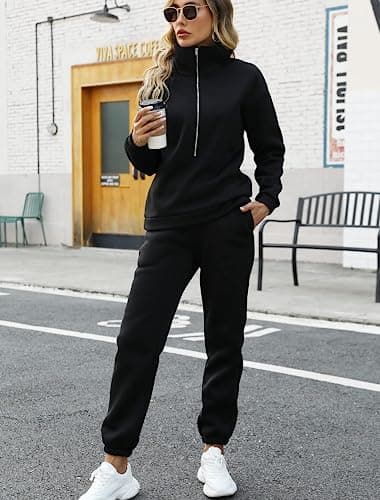 Eisctnd Womens Fashion Womens Joggers Sweat Sets Women Half Zipper 2 Piece Outfits Joggers Pants Sweatshirt Set Travel, Black, Large — view 3
