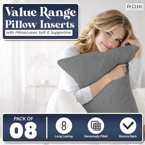 Rohi Value Range Pillows 8 Pack with Grey Microfibre Pillowcases | Neck Support Hypoallergenic Pillow | Breathable Medium Firm Pillows for Back, Front & Side Sleepers | UK Made 45 × 66 cm — view 2