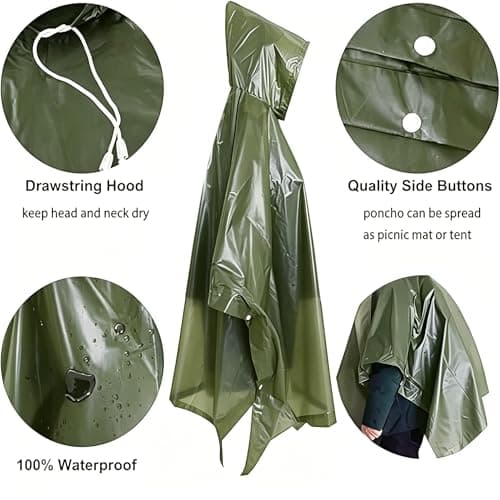 UPSEN Rain Ponchos for Adults, 2 Pcs Reusable Raincoats Coats Jackets Emergency for Women Men with Hood, Green — view 3