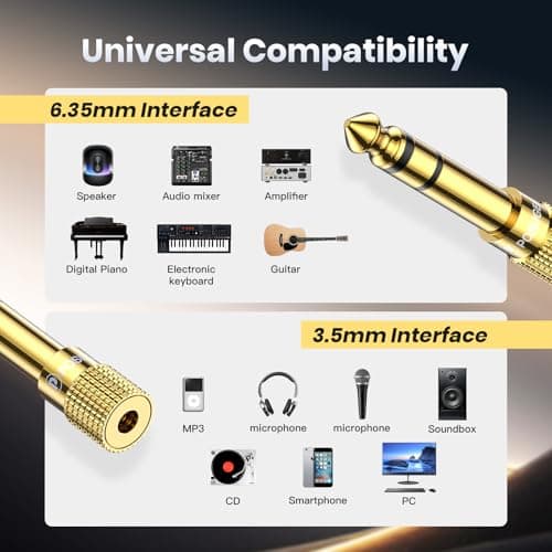 POSUGEAR Headphone Adapter jack 6.35mm (1/4 inch) to 3.5mm (1/8 inch)-2 Pack, 1/4 inch to 3.5mm Headphone Audio Jack Plug Adaptor Gold Plated-2 Pack — view 2