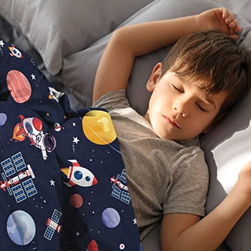 Space Theme Throw Blanket for Boys, Cozy Outer Space Rocket Planet Fluffy Flannel Blanket Gift for Kids, 100 x 130 cm Soft Warm Navy Blue Astronaut Galaxy Planet Blanket for Toddler Sofa Bed Couch — view 4