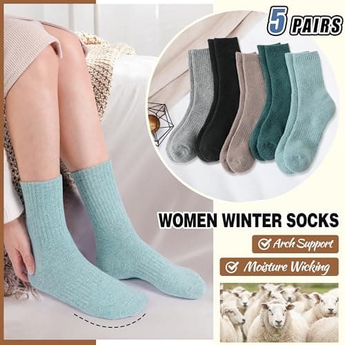 EBMORE Womens Merino Wool Socks Thermal Warm Winter Thick Cosy Boot Crew Cabin Ladies Work Soft Walking Hiking Socks 5 Pairs Gift Stocking Fillers(Khaki/Dark Green/Grey/Black) — view 6