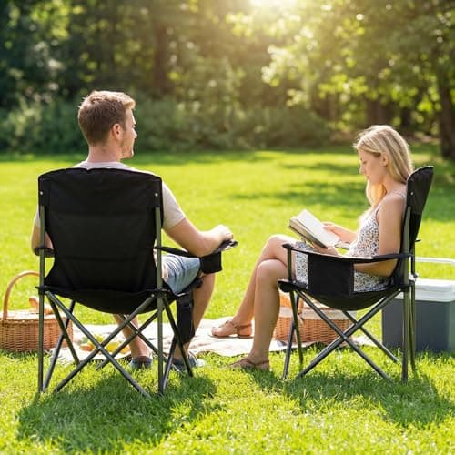COSTWAY 180kg Oversized Camping Chair, Portable Folding Chair with Carrying Bag, Zippered Cooler Pouch, Cup Holder and Side Storage Pocket, Outdoor Padded Lawn Chair for Fishing & Picnics (Grey+Black) — view 2