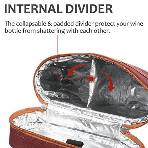Kato Tirrinia Insulated Wine Cooler Bag Leakproof Padded Portable Wine Carrier with Shoulder Strap 2 Bottle Wine Bag for Camping Travel Beach Picnic Gift for Wine Lovers Red — view 2