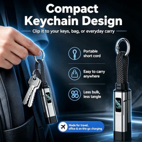 Aimisite 4 in 1 USB C Keychain Charger Cable, 65W Fast Charging Short Braided Data Cord with LED Display USB C/USB A to Lightning & Type-C for Phone Tablet Laptop — view 5