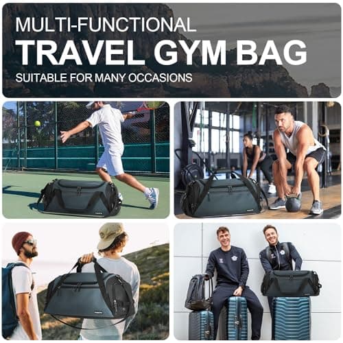 FIORETTO 45L Mens Sports Gym Bag with Wet Pocket & Shoe Compartment, Travel Duffle Bag Overnight Bag with Padded Shoulder Strap, Water-Resistant Holdall for Swimming, Basketball, Football Grey — view 6