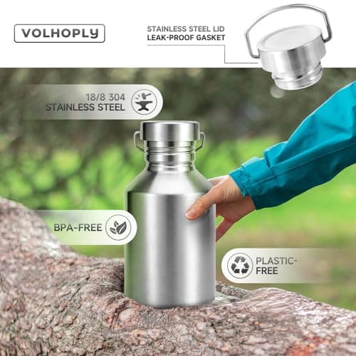 Volhoply 2000ml Big Stainless Steel Water Bottle with Handle,Non Insulated Single Wall Water Jug, No Plastic 18/8 304 Metal Water Bottles with Wide Mouth for Camping, Hikers — view 3