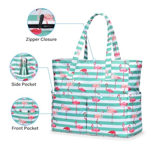 oscaurt Beach Bags for Women Large Beach Tote with Zip Waterproof Foldable Weekend Travel Bag Holiday Essentials Handbags with Multi Pockets for Shopping Swim Gym — view 3