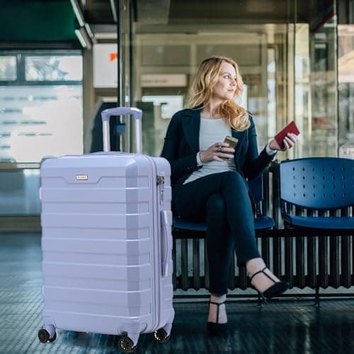 CMY Hard Shell PC Carry on Cabin Approved 20'' Lightweight Suitcase Luggage Trolley with 4 Spinner Wheels TSA Combination Lock Suitcase Approved by Over 100+ Airlines (Purple) — view 3
