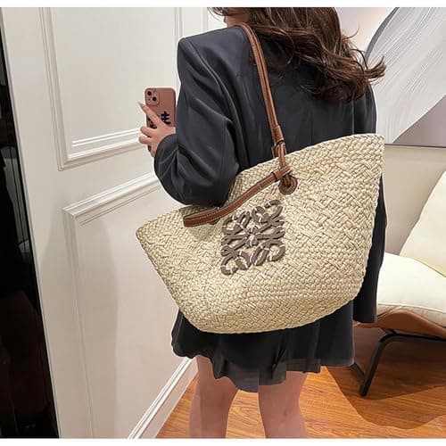 OPLKIOP Straw Shoulder Bag - Women's Woven Straw Handbag - Large Summer Beach Leather Tote With Zipper-White — view 5