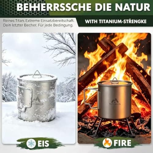 THTYBROS Titanium Cup 450ml (15oz) Ultralight Camping Mug with Foldable Handle & Lid, Pure Titanium Cookware for Outdoor Hiking, Backpacking, Picnic, and Campfire — view 3