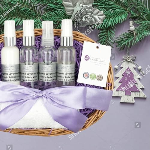 Mums and New Mums Lavender Basket for women, pamper set pamper gift basket with calming lavender spray, body cool gel, body lotion, gift boxed with ribbon and tag — view 2