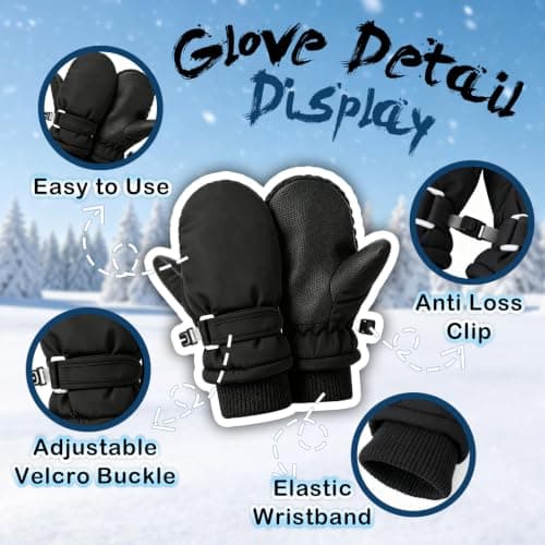 Kioeok Kids Waterproof Thermal Gloves Winter Snow Mittens with Fleece Lined Adjustable Wristband Warm Ski Gloves for Girls Boys (Black, L(4-12Y)) — view 6