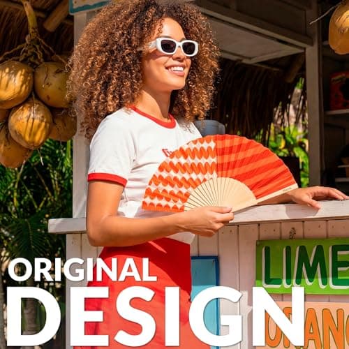 Fisura – Original Stripe & Wave Print Folding Fan, Modern and Colourful Folding Handheld Fan, Red Design for Wedding, Rave, Festival - Includes Strap. Size: 42.5 x 23 cm — view 2