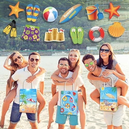 POPOYU 8Pcs Summer Swimming Pool Gift Bags,Pool Party Gift Bags,Beach Party Kraft Paper Tote Bags with Handles,Under the Sea PartyBag for PoolParty Accessories Wrapper Boxes — view 4