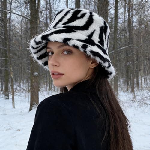 JIAHG Women Winter Warm Bucket Hat Furry Faux Fur Wide Brim Bucket Hats Soft Plush Thick Hats Outdoor Windproof Fuzzy Cap for Spring Casual Travel (UK, Alpha, One Size, Stripe) — view 2