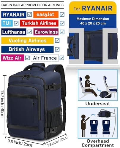 KLOSTAIN Cabin Bags 40x20x25 for Ryanair Underseat Travel Backpack Hand Luggage Carry-ons Bag Cabin Size 20L for Airplanes Flight Ruscksack Navy — view 2