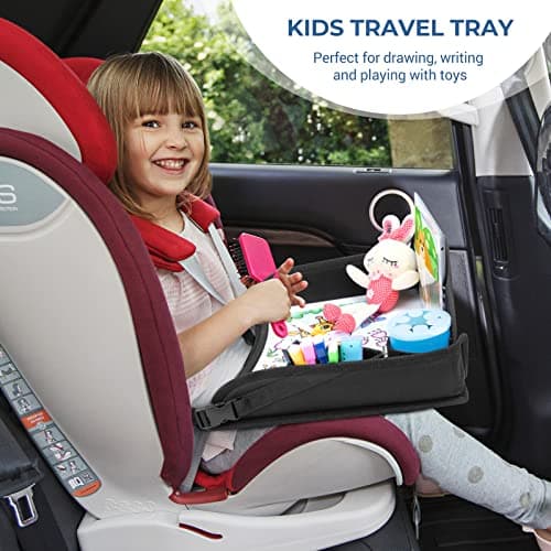 INFANZIA Kids Travel Tray for Toddler Car Seat, Travel Activity Tray for Airplane, Car Seat Lap Drawing Tray, Multifunctional Car Seat Tray Table with Storage for Kids Travel Play, Black — view 3