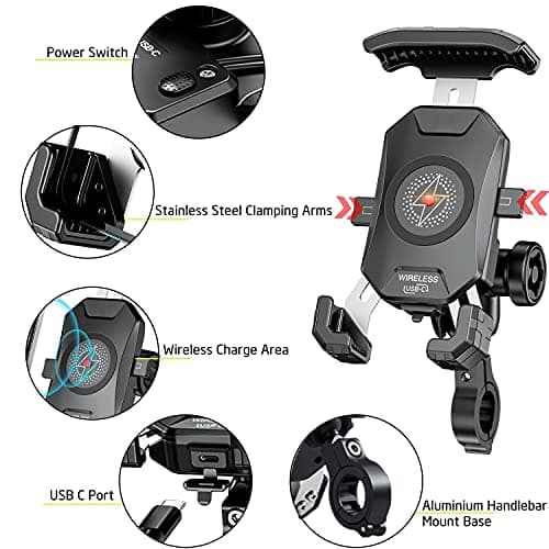 iMESTOU Anti-Theft Motorcycle Wireless Phone Mount Charger 15W & USB C 3A Handlebar 1" Ball Stem Phone Holder Works with 12V/24V Vehicle/USB Socket 720 Rotation Quick Charge for 4.0-7.0" Cellphones — view 5