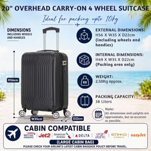DK Luggage Carry-on 20” Cabin Virgin Atlantic, EasyJet, BA, Jet 2 Hard Shell Hand Luggage Suitcase 4 Wheel Spinner Luggage ABS25 (Black, 20" Carry-on) — view 2