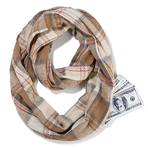 LA HAUTE Women's Checkered Infinity Loop Scarf with Zipper Pocket Secret Hidden Pocket Travel Cashmere Snood Shawl — view 3