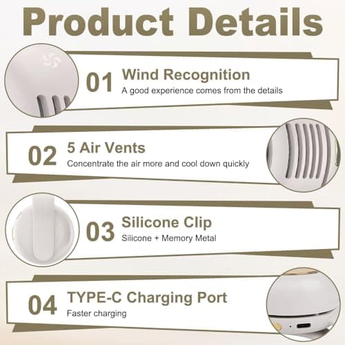 Portable Small Clip On Fan, Wearable Mini Waist Clip Fan for Clothes Body | Rechargeable Silent Bladeless Fan, with 3 Speeds, Hands-Free Cooling Neck Wearable Fans, for Outdoor Travel Office Household — view 4