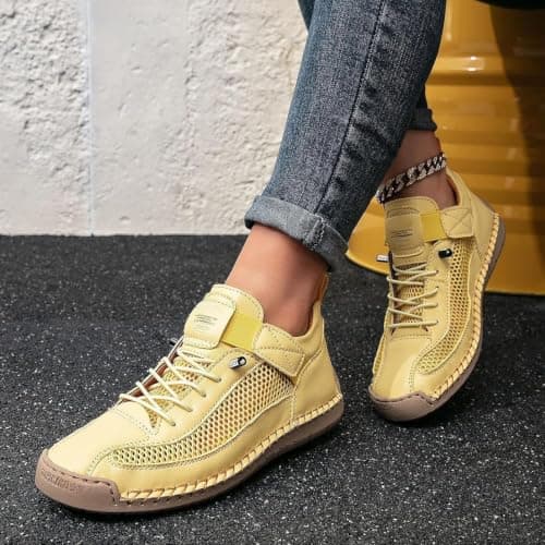 Women's Hiking Shoes Lightweight Breathable Mesh Trail Trainers with Leather Trim Wide Toe Box Slip On Low Top Walking Footwear for Summer Travel Trekking Work Outdoor Day Hikes (Yellow,9) — view 2