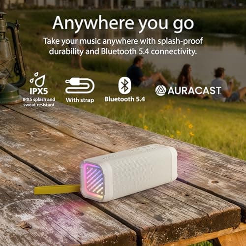 PHILIPS TAS2000WT Bluetooth Wireless Speaker with LED Lightshow, 20 W Bass+, Auracast, 20 Hrs Play Time, IPX5 Splash-Proof, USB Playback, Mic, App Control – White — view 3