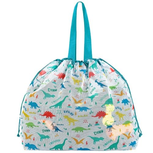 LAHAQIQI Extra Large Mesh Beach Toy Tote Bag with Drawstring- Foldable Lightweight Swimming Travel & Summer Essentials for Women Kids (Green Dino)