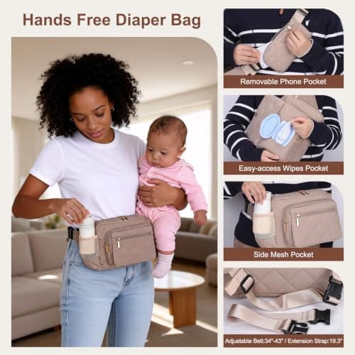 Rexmore Puffer Quilted Diaper Fanny Pack, Crossbody Mom Purse, Khaki — view 2