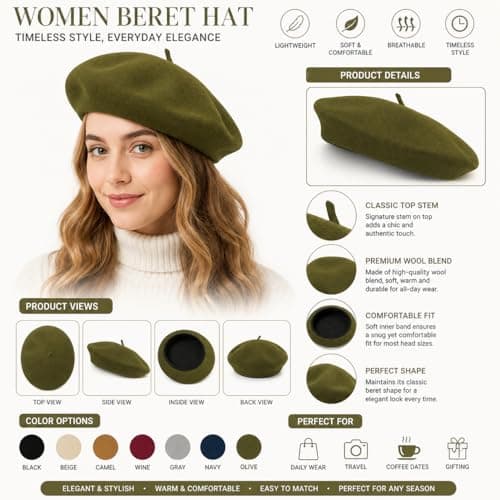 reshmena® Adult Beret Hat Women French Style Wool Hat Plain Classic Color Berets Hat's Unisex Soft Warm Outdoor Vintage Artist Hat's Beanie Unisex Beret Olive — view 3