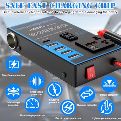 SKJJM 1500W Car Power Inverter, USB Charging Ports 12V/24V Universal Converter, Office Car Charger Inverter with USB C, Fast Charging Voltage Converter Compatible for Tablets Phones — view 3