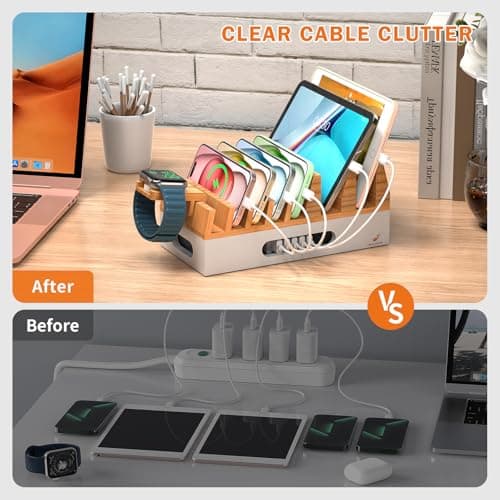 All In One Family Dock Station, Wooden Bamboo Charge Stand-Natural+White — view 6
