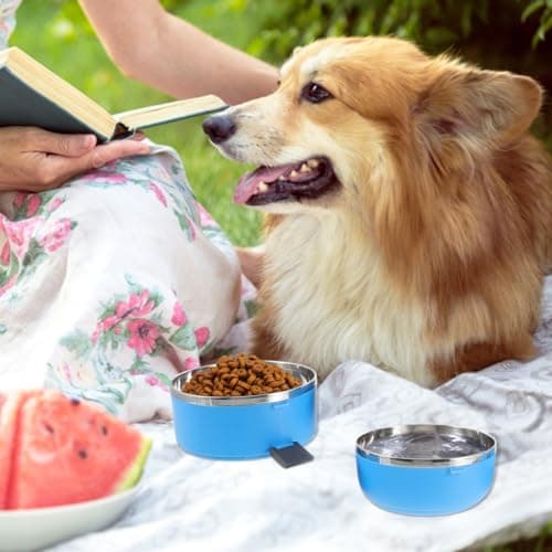 POPETPOP Spill Proof Double Layer Stainless Steel Pet Travel Bowl with Handle Portable Dog Cat Water Food Storage Container for Outdoor Feeding — view 2