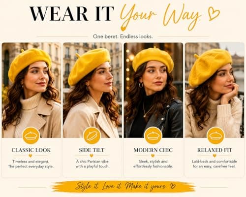 ITRAT Women's Beret Hat – Classic French Style Beret for Women, Soft Warm Wool Blend Ladies Fashion Hat, Elegant Parisian Winter Autumn Cap for Casual, Travel & Everyday Wear (Yellow) — view 4