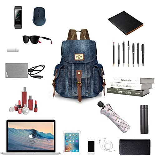 CHEREEKI Denim Backpack, Canvas Backpack for Work, Travel, School, 14 Inch Laptop, Large Retro Backpack for Women, Men, Blue, Blue, Taille unique, Retro — view 5