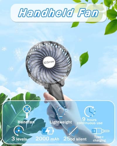 iEGrow Handheld Fan, Portable USB Mini Travel Fan with 2000mAh Rechargeable Battery, 3 Speeds Desk Fan for Home, Office and Travel-Black — view 2