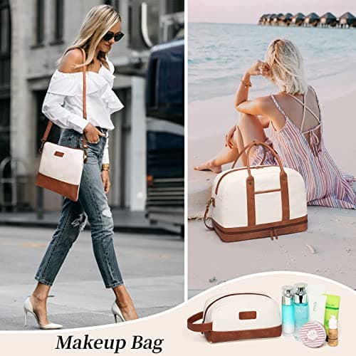 Canvas Overnight Duffle Bag - Large Travel Bag with Shoe Compartment, Perfect for Women's Travel or Daily Use - 3Pc Set Beige — view 2