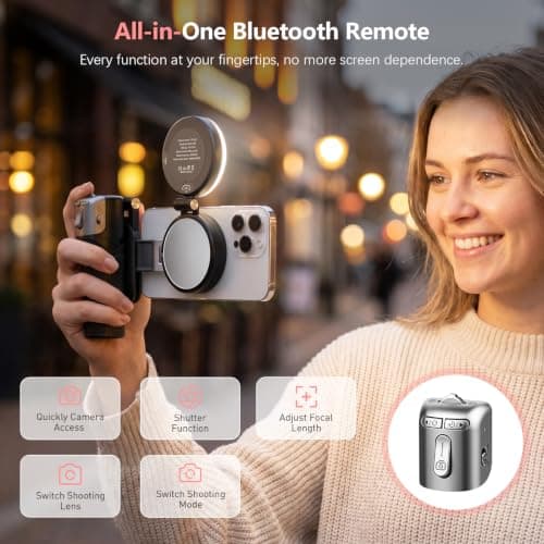 AMAZEAR Phone Camera Grip with Selfie Stick Tripod, Cellphone Accessories for iPhone 16 17 18 Pro Max with Multi-Functional Bluetooth Controller, Comfort Ergonomic Handle Holder, Pink — view 3