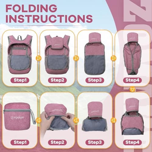 ZOMAKE Lightweight Foldable Backpack, Packable Rucksack (10L/Pink) — view 5